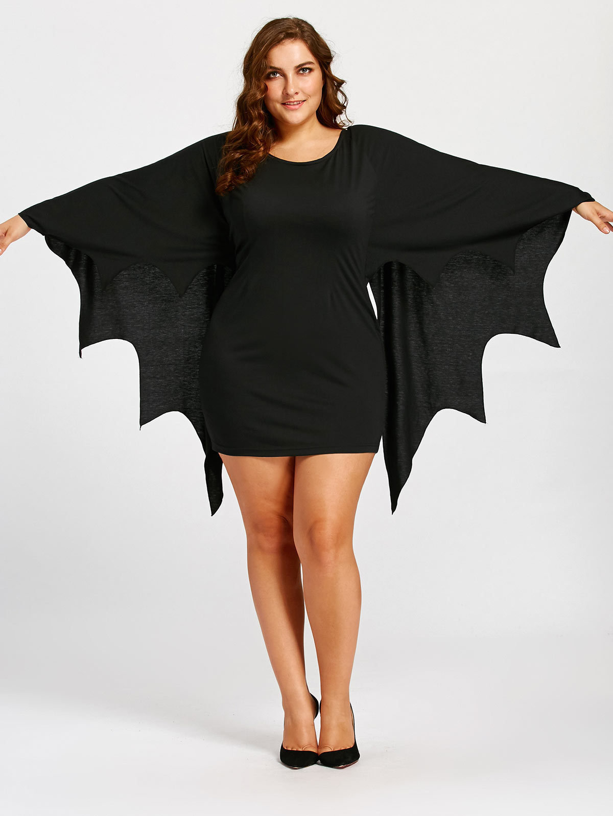 Plus Size Halloween Black Bat Wing Mini Dress Gothic Party Costume for Women